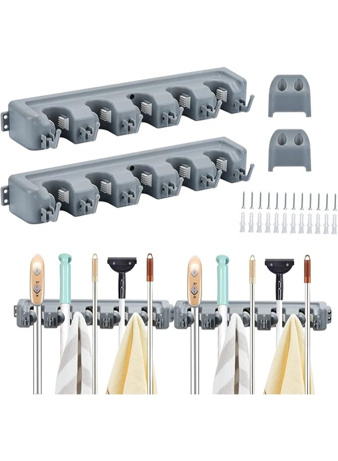 طقم منظم حامل المماسح والمكانس الجداري قطعتين مع رفوف وخطافات قابلة للتعديل لتنظيم أدوات المطبخ والحديقة والجراج وتوفير المساحة بأسلوب عصري وراقٍ - Image 2